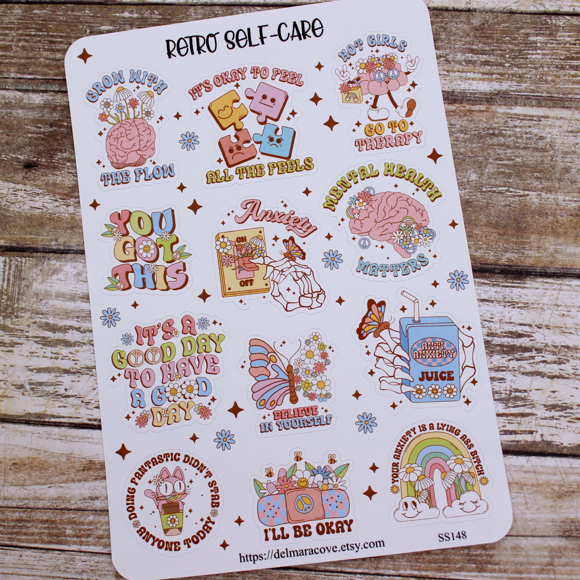Retro Self Care Planner Sticker Sheet, Mental Health Support Stickers ...