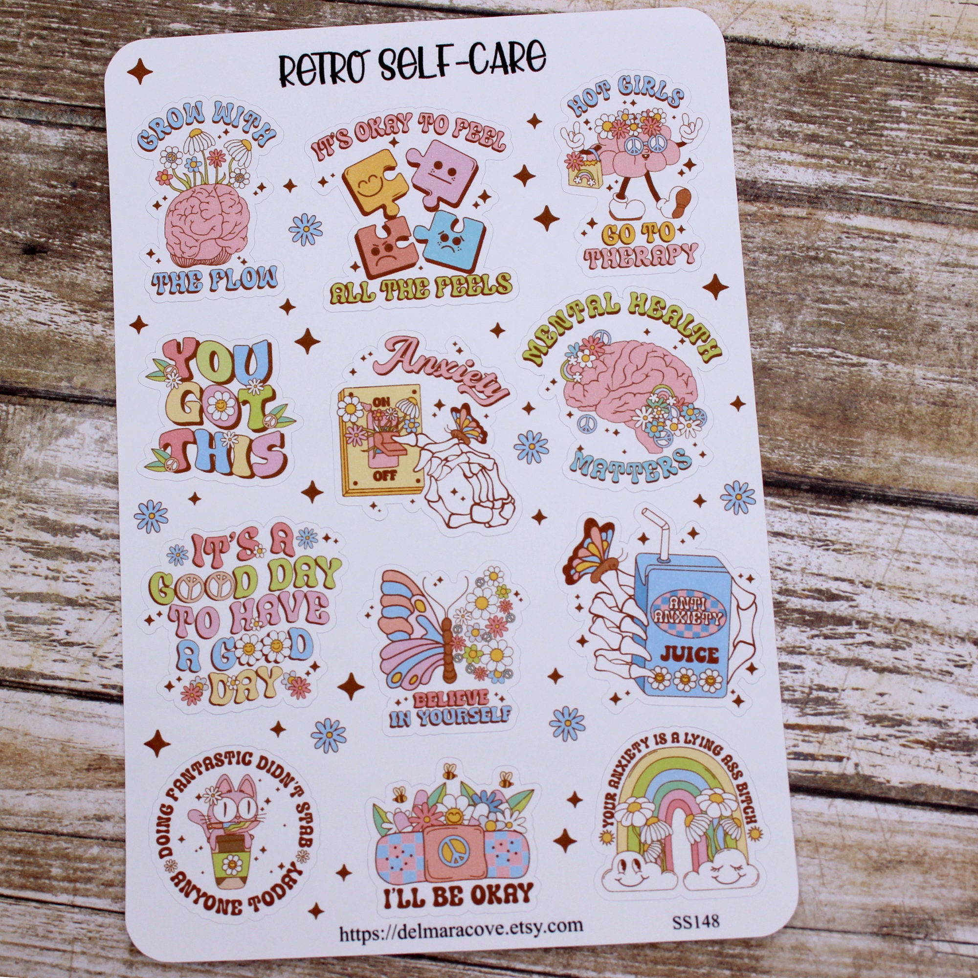 Retro Self Care Planner Sticker Sheet, Mental Health Support Stickers ...