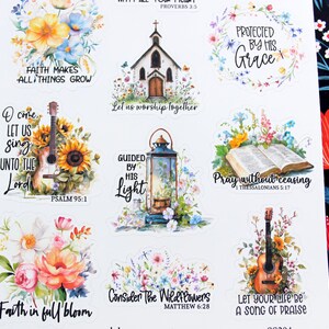 May include: A sheet of stickers featuring various religious-themed designs. The stickers include floral arrangements, a church, a guitar, a lantern, and an open book. Each design has a different inspirational quote.