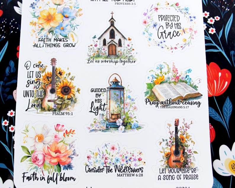 Christian Floral Quotes Sticker Sheet, Faithful Bible Verse Planner ...
