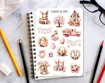 Easter Bloom planner sticker, Easter Bunny Rabbit Sticker Sheet, Pink Easter stickers, planner stickers, journaling stickers, bullet journal