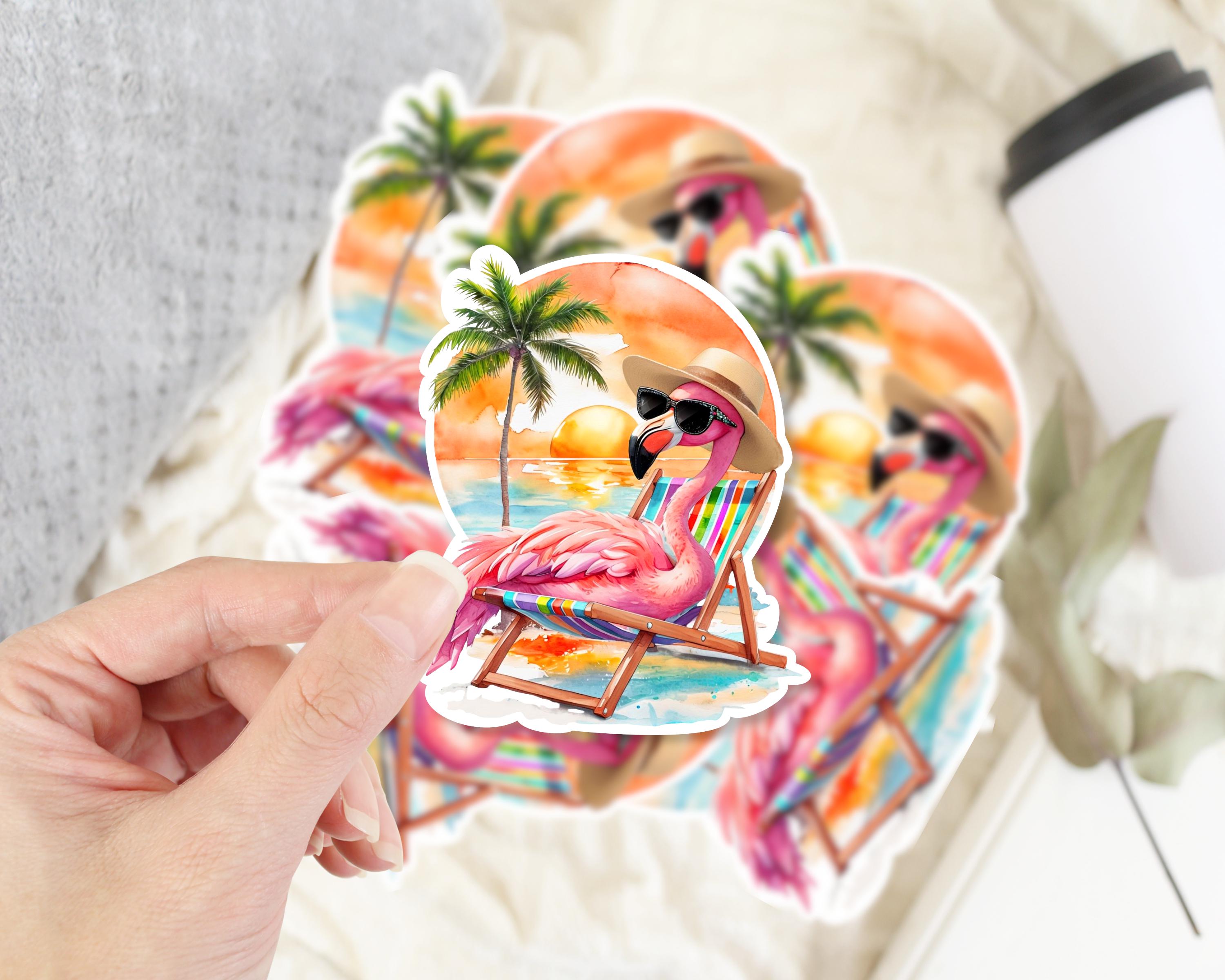 Flamingo Beach Vinyl Sticker, Cute Flamingo Sitting on a Lounge Chair ...