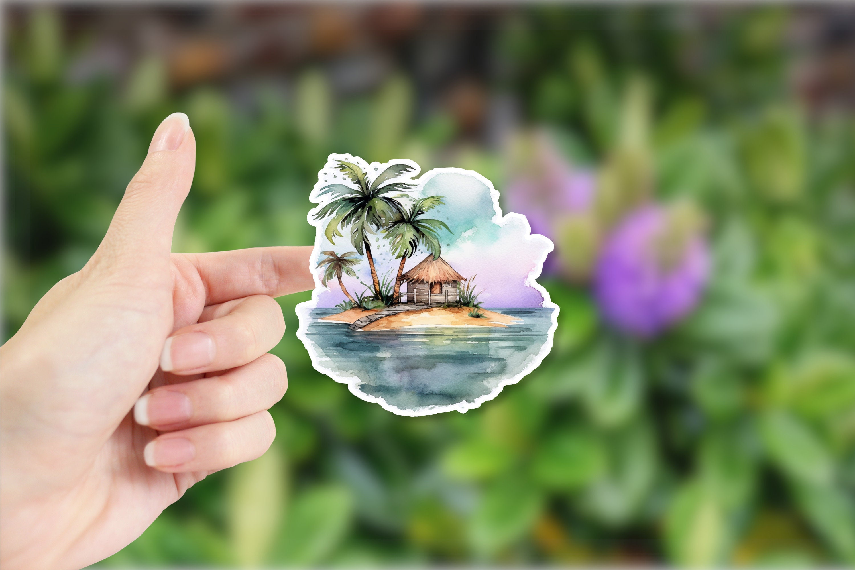 Beach Sticker, Tropical Vinyl Sticker, Palm Tree and Hut on Island ...
