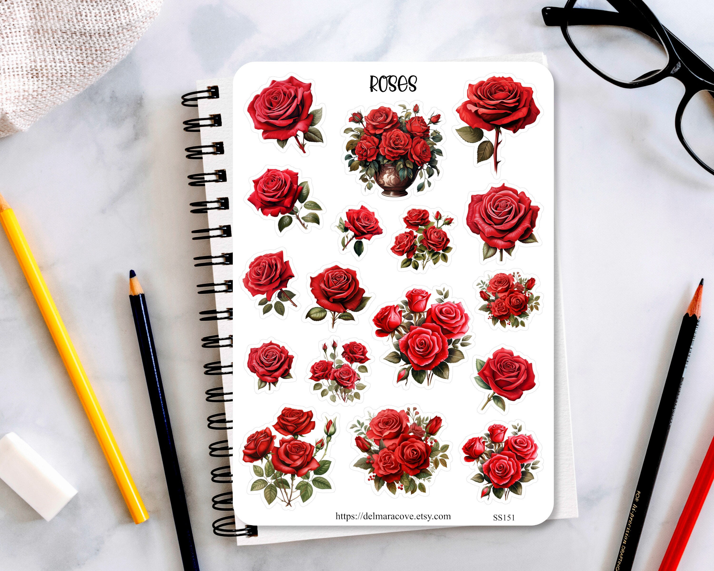 Rose Sticker Sheet, Red Roses Sticker Sheet, Planner Stickers ...