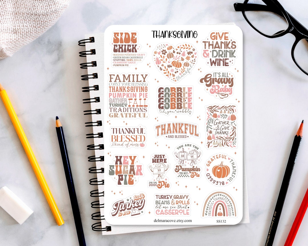 Thanksgiving Sticker Sheet, Retro Thanksgiving Stickers, Thanksgiving ...
