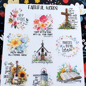 May include: A sheet of stickers with floral designs and religious quotes. The stickers feature phrases like "God is Love," "Trust in the Lord," and "Protected by His Grace." Images include a cross, church, and open book.