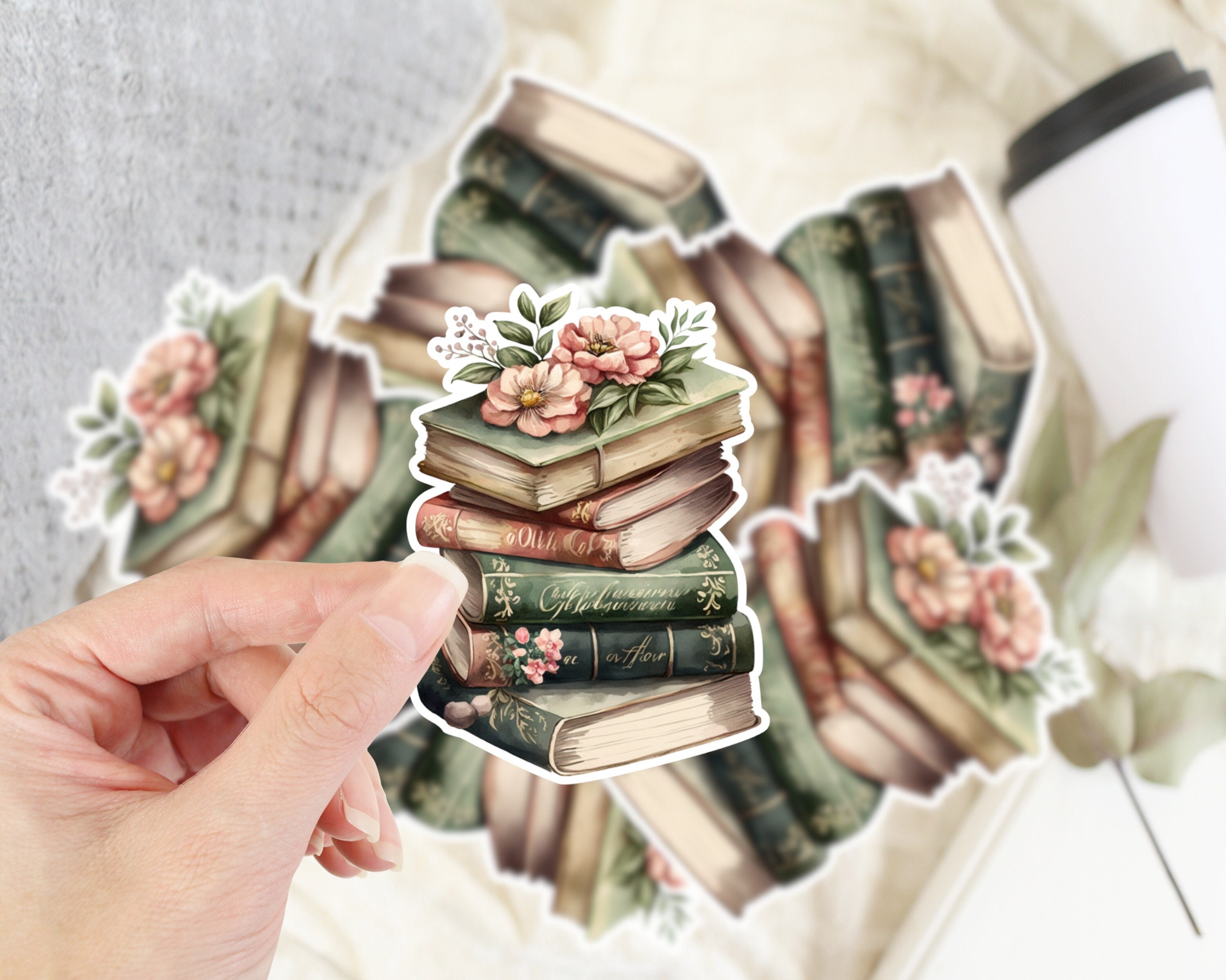 Book Sticker, Flowers With Book Sticker, Cottagecore Sticker, Stack of ...
