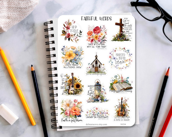 Christian floral quotes sticker sheet, Faithful bible verse planner stickers, Perfect for Bible Study Journaling, Scrapbooking and more