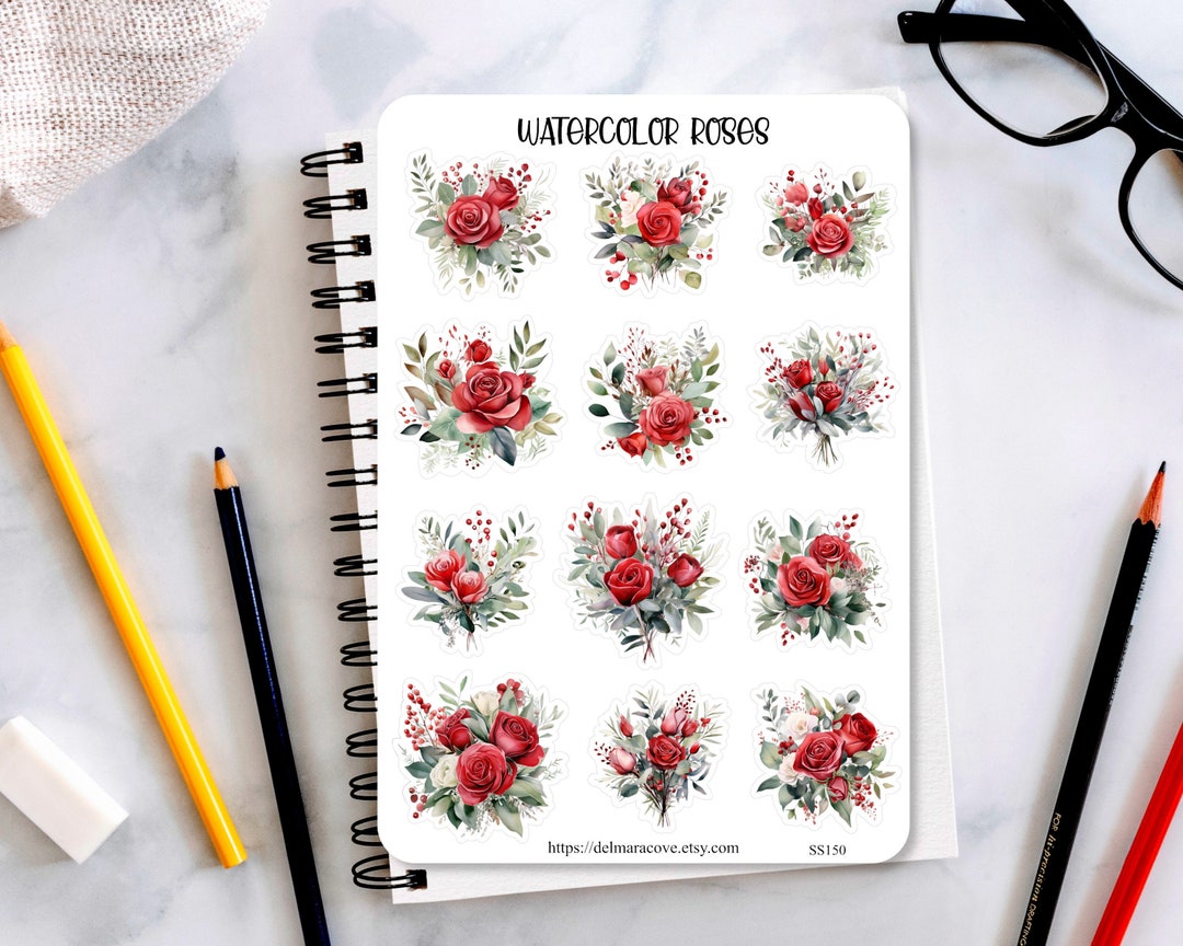 Rose Sticker Sheet, Watercolor Roses Sticker Sheet, Planner Stickers ...