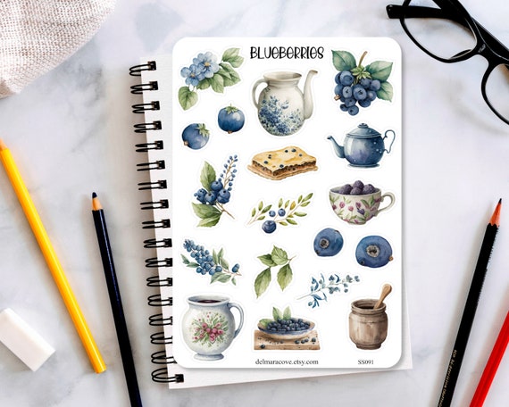 Blueberries Sticker Sheet, Blueberries stickers, planner stickers, journaling stickers, watercolor Blueberries, bullet journal stickers