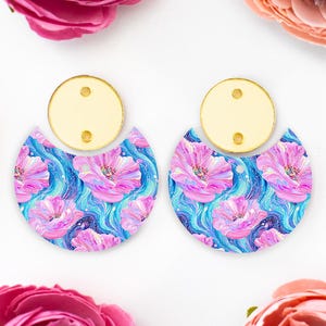 Pink and Blue Preppy Flowers Circle Drop Acrylic Earrings Blanks, Spring Earring Findings, DIY Handmade Jewelry Supplies
