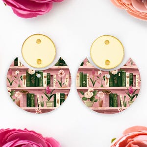 Pink Books Pattern Acrylic Earring Blanks, Circle Drop Acrylic Earrings Blanks, Library Earring Findings, DIY Handmade Jewelry Supplies