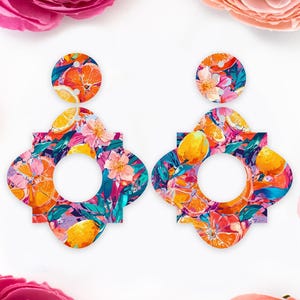 Oranges & Tropical Flowers Geometric Acrylic Earrings Blanks, Handmade Jewelry Supplies, DIY Earrings, Earring Components, Earring Findings