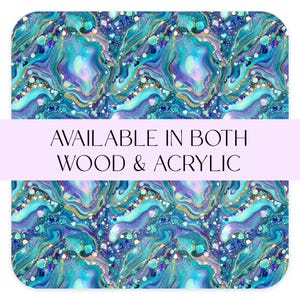 May include: Abstract design with swirling patterns in shades of teal, purple, and gold. The design is available in both wood and acrylic. The overall theme is artistic and decorative.