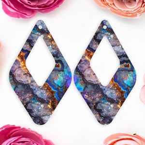 May include: A pair of diamond-shaped earrings featuring a colourful agate pattern. The earrings are made from a durable material and have a unique, eye-catching design.