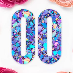 Blue and Purple Confetti Elongated Oval Acrylic Earrings Blanks, Blue & Purple Earring Supplies, Acrylic DIY Handmade Jewelry Supplies
