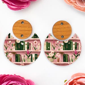 Pink Books Pattern Acrylic Earring Blanks, Circle Drop Acrylic Earrings Blanks, Library Earring Findings, Wood DIY Handmade Jewelry Supplies