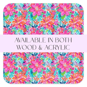 Preppy Orange Flowers Acrylic, Bright Patterned Acrylic, Patterned Wood, Laser Supplies, Laser Jewelry Supplies, Pink Flower Pattern Wood