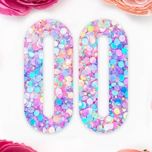 Pastel Confetti Sequins Elongated Oval Acrylic Earrings Blanks, Blue & Purple Earring Supplies, Acrylic DIY Handmade Jewelry Supplies