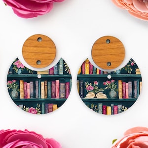 Books Pattern Acrylic Earring Blanks, Circle Drop Acrylic Earrings Blanks, Library Earring Findings, Wood DIY Handmade Jewelry Supplies