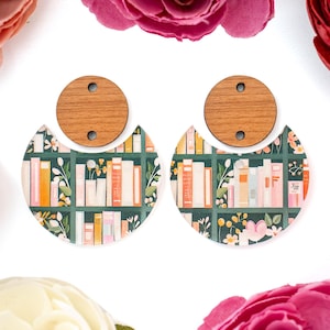 Books Pattern Acrylic Earring Blanks, Circle Drop Acrylic Earrings Blanks, Library Earring Findings, Wood DIY Handmade Jewelry Supplies