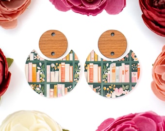 Books Pattern Acrylic Earring Blanks, Circle Drop Acrylic Earrings Blanks, Library Earring Findings, Wood DIY Handmade Jewelry Supplies