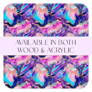 May include: Abstract design with swirling patterns in shades of blue, purple, pink, and gold. The design is available in both wood and acrylic. The image features a vibrant, colorful, and artistic aesthetic.
