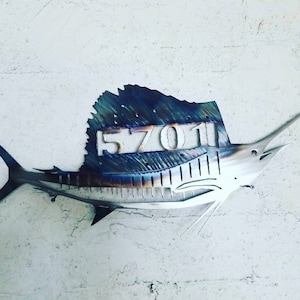 sailfish monogram house numbers sign metal wall art fish decor custom art work steel
