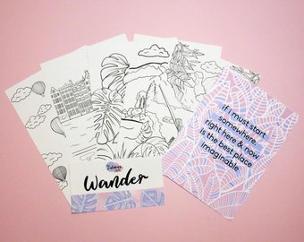 Wander Travel Adult colouring pages, A5 colouring page set, Mindfulness gift, Anxiety relief