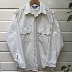 Giacca-camicia vintage anni '70 Woolrich in camoscio - color crema - cotone spazzolato - made in USA (L)