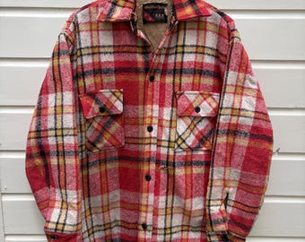 Vintage 70s: Ely & Walker distressed plaid jacket - sherpa lining - made in USA (L)