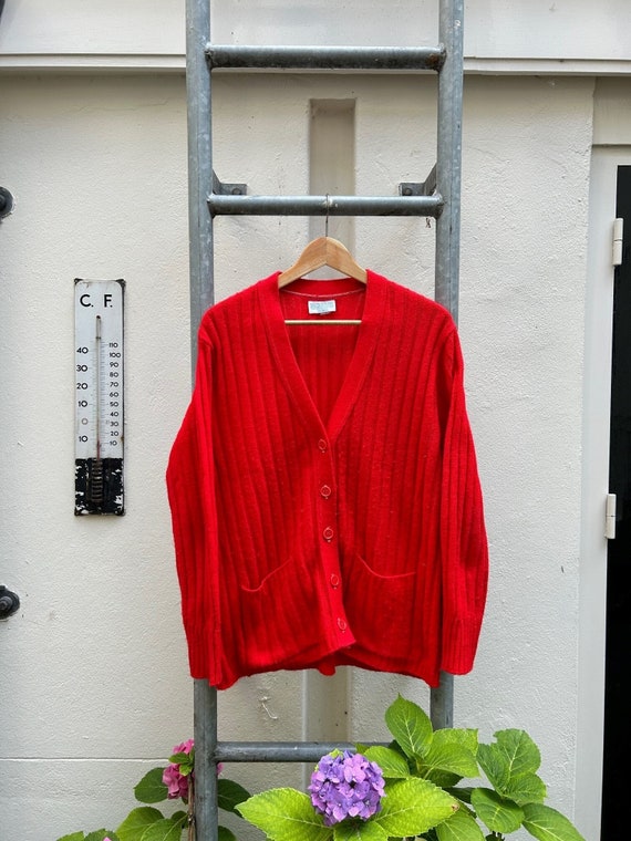 Vintage 70s: Sears Sportswear Bright Red Cardigan - Acrylic - Made 