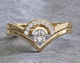 Contemporary Bridal Set, Unique Engagement Ring, Moissanite Engagement Ring, Geometric Engagement Ring, Chevron Ring, Dainty Engagement Ring