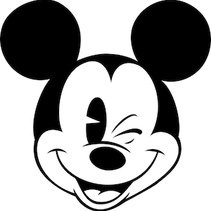 Könnte beinhalten: Schwarzweißes Cartoon-Bild von Mickey Mouse, der zwinkert und lächelt, mit herausgestreckter Zunge.