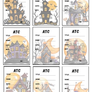 May include: A set of nine rectangular ATC cards featuring Halloween-themed illustrations of haunted houses, ghosts, pumpkins, and moons. Each card includes printed lines for Title, Name, Date, Info, and No. The designs use orange, gray, and black.