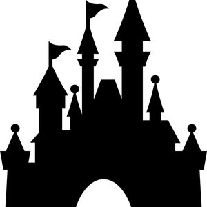 Könnte beinhalten: Schwarze Silhouette eines Märchenschlosses mit mehreren Türmen und einem großen Bogenportal.