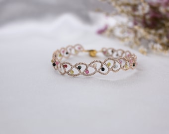 Tatting lace bracelet with metallic thread and natural stones tourmaline/ Handmade bracelet with metallic thread