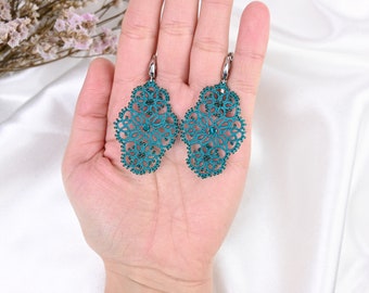 Tatting lace earrings with polyester thread and Swarovsski,boho lace earrings,lace earrings, aesthetic lace earrings,greenish blue earrings