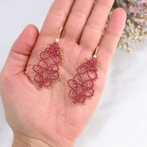 Tatting lace earrings with metallic thread and Miyuki beads, boho lace earrings, aesthetic jewelry