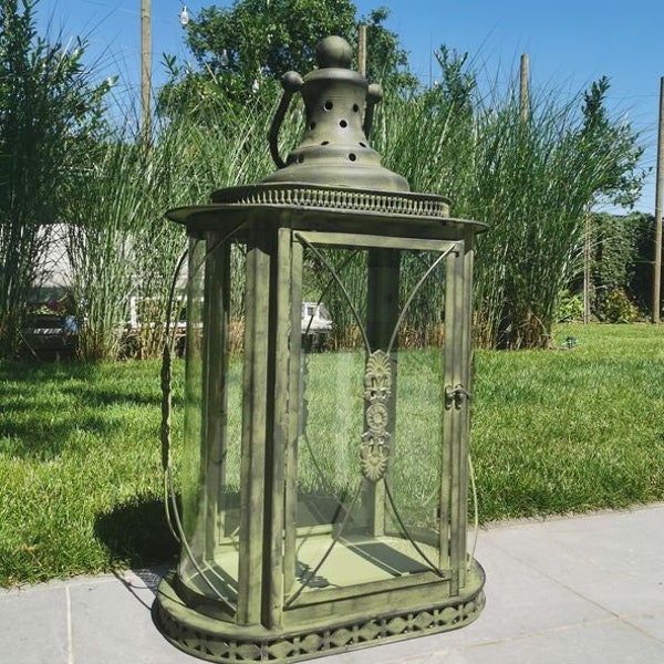Large metal and glass lantern - Green lantern - Curved glass lantern