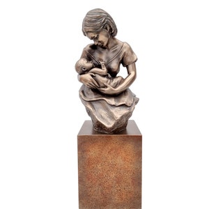 Statue Moderne Femme Mère Enfant Laiton Finition Bronze 29cm