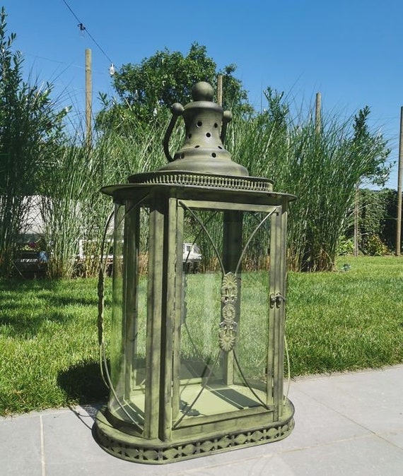 Large Metal and Glass Lantern Green Lantern Curved Glass Etsy