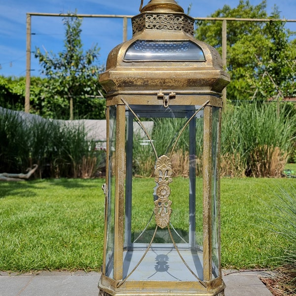 Belle grande lanterne de jardin couleur or - Décoration de terrasse - jardin romantique - Lanterne en verre à 12 vitres