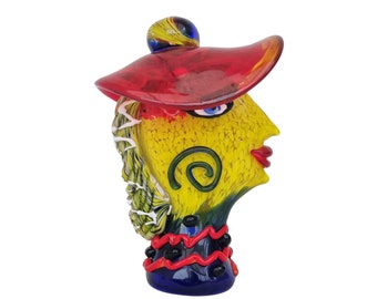Figuratief glazen beeld - Dame met hoed - Klassevol figuratief vrouwenhoofd - abstract design - cadeau idee - Murano kunst