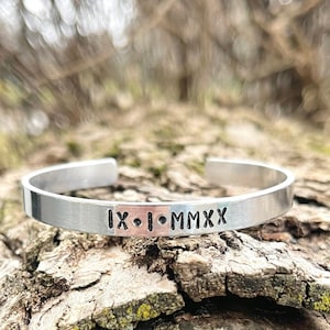 Roman Numeral Custom Date Slim Aluminum Cuff Personalized Gift
