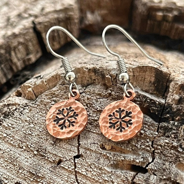 Hammered Snowflake Earrings Minimalist Silver Aluminum or Copper Winter Christmas Gift