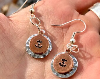 Hammered Aluminum And Copper Anchor Earrings