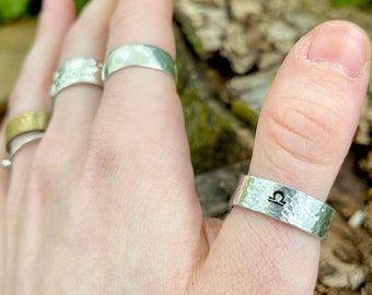 Zodiac sign unisex adjustable hammered aluminum ring (all 12 signs available!)