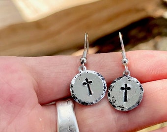 Hammered Silver Aluminum Small Hand Stamped Cross Earrings