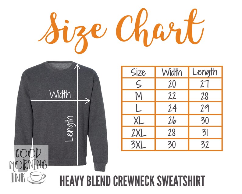 K&ouml;nnte beinhalten: Ein dunkelgraues Heavy Blend Crewneck Sweatshirt mit Gr&ouml;&szlig;entabelle. Die Tabelle zeigt die Gr&ouml;&szlig;en S bis 3XL mit Breiten von 50,8 bis 76,2 cm und L&auml;ngen von 68,6 bis 81,3 cm. Die Worte "Size Chart" sind orange.